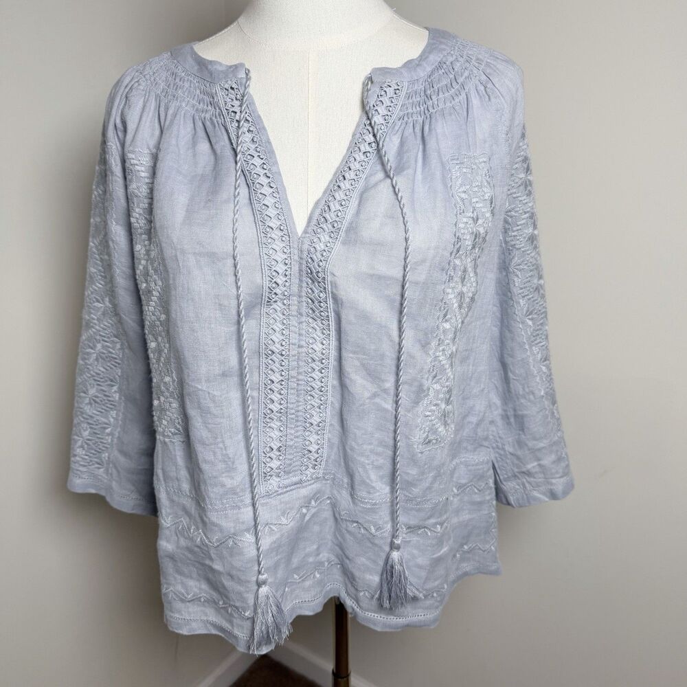 Magaschoni 100% Linen Embroidered Blouse Womens M Blue Boho Peasant Top Tassel